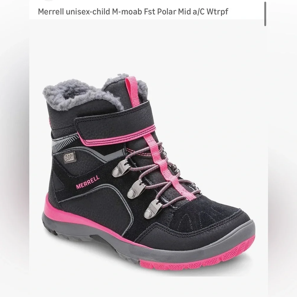 Merrell Youth 2M M-Moab Polar Mid. Black Pink Winter Waterproof Boots. Hiking!